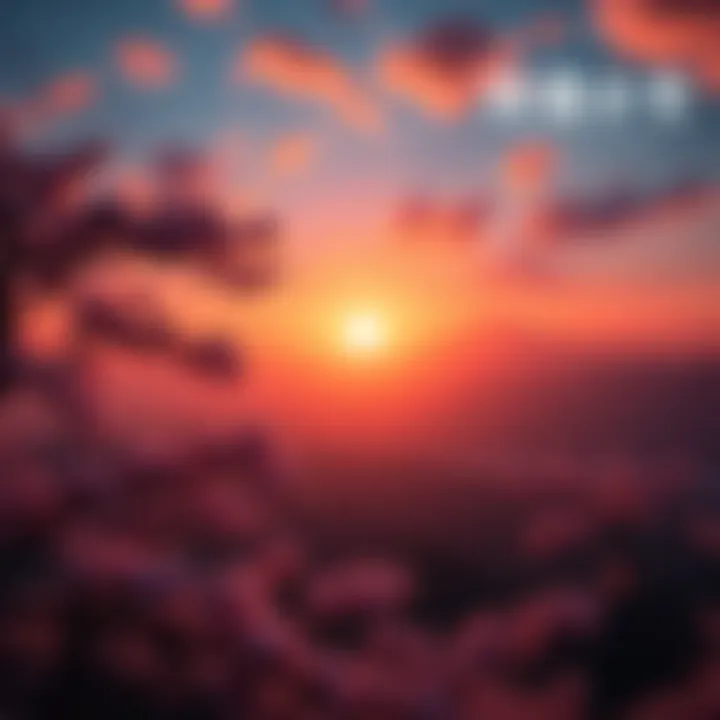 Scenic view from Ghost of Tsushima A breathtaking sunset over a Japanese landscape featuring cherry blossom trees and mountains, inspired by Ghost of Tsushima