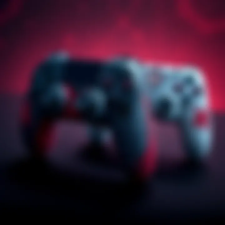 Two PlayStation controllers designed with patterns and colors inspired by Ghost of Tsushima and Ghost of Yotei games