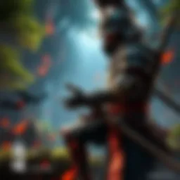 A warrior in traditional armor battles enemies in a lush forest setting, with dramatic lighting and haunting music notes in the background.