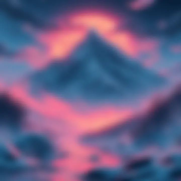 Concept art depicting the mystical landscape of Ghost of Yōtei, featuring a snowy mountain and a vibrant sunset.