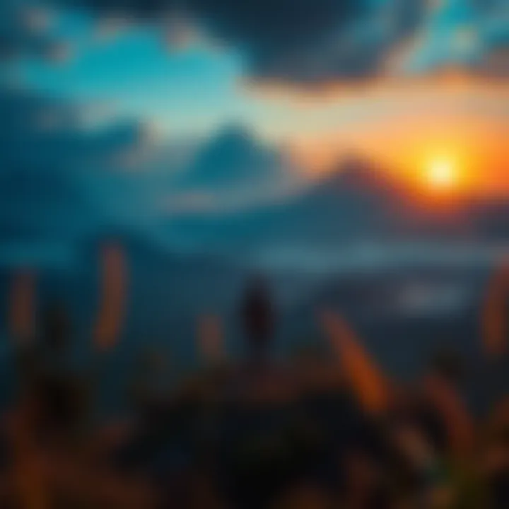A character stands on a hilltop looking over an expansive jungle with mountains and a sunset in the background, representing exploration in Ghost of Yotei