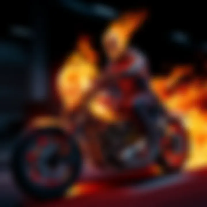 Ghost Rider rides his flaming motorcycle with a fiery skull, showcasing his iconic look and presence.