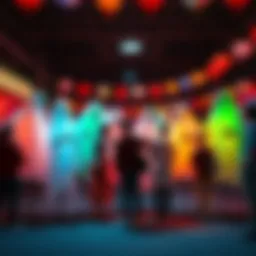 A group of people discussing and choosing different ghost costumes for an event, with colorful decorations around them.