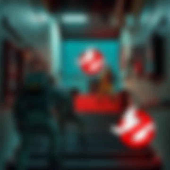 Scene showing characters from NES Ghostbusters struggling on a challenging stairway level in a retro video game setting.