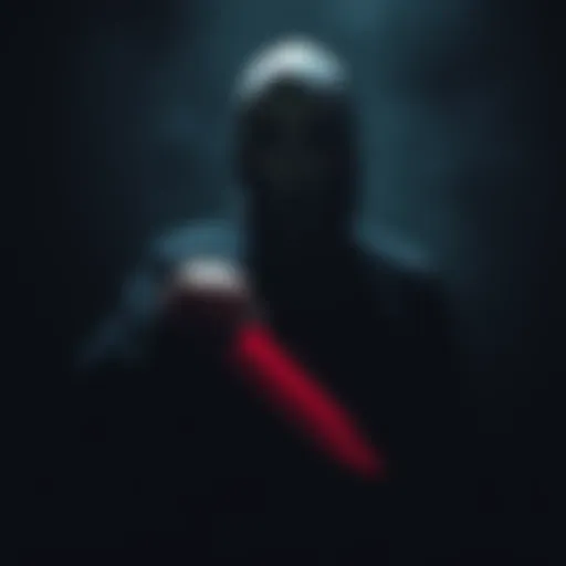 Ghostface wearing a mask and wielding a knife in a shadowy environment