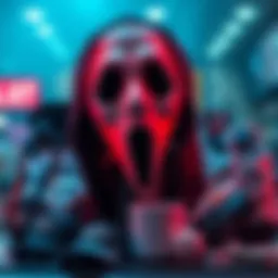 Ghostface mask displayed alongside various Ghostface merchandise items, showcasing the popular horror character