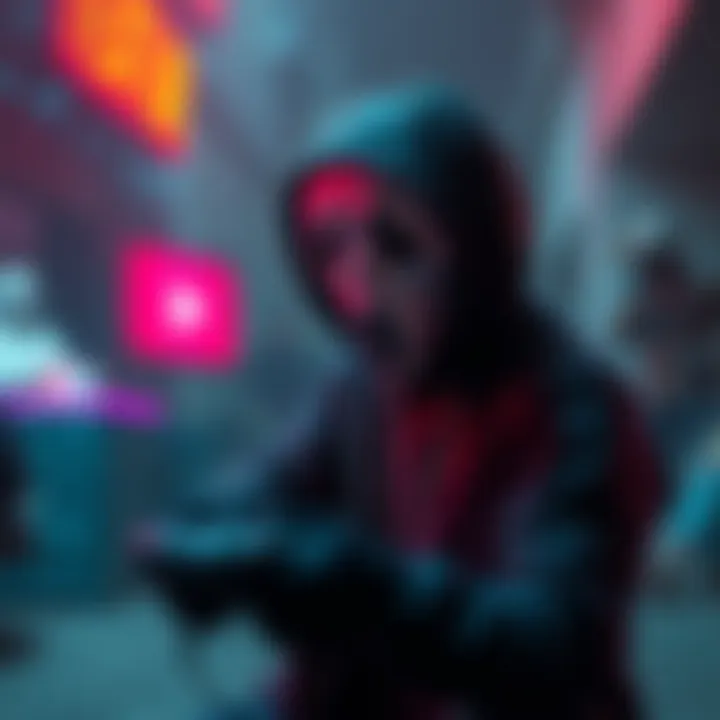 A creative depiction of a gamer in a spooky setting, featuring Ghostface character with jumpscares in the background, showcasing a YouTube channel theme.