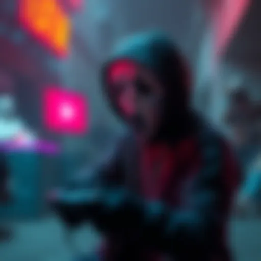 Ghostface Gameplay Concepts A creative depiction of a gamer in a spooky setting, featuring Ghostface character with jumpscares in the background, showcasing a YouTube channel theme.