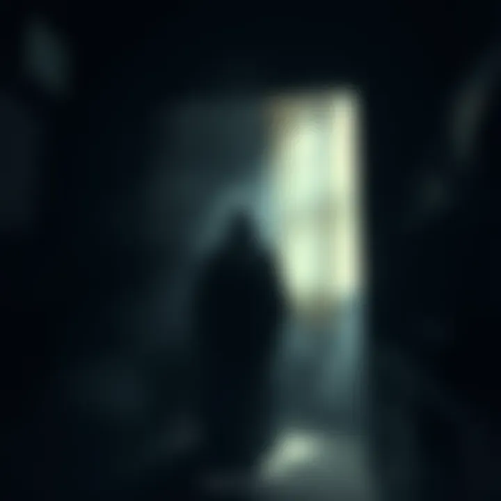 A shadowy ghost figure looms in a dimly lit room, creating a tense atmosphere.