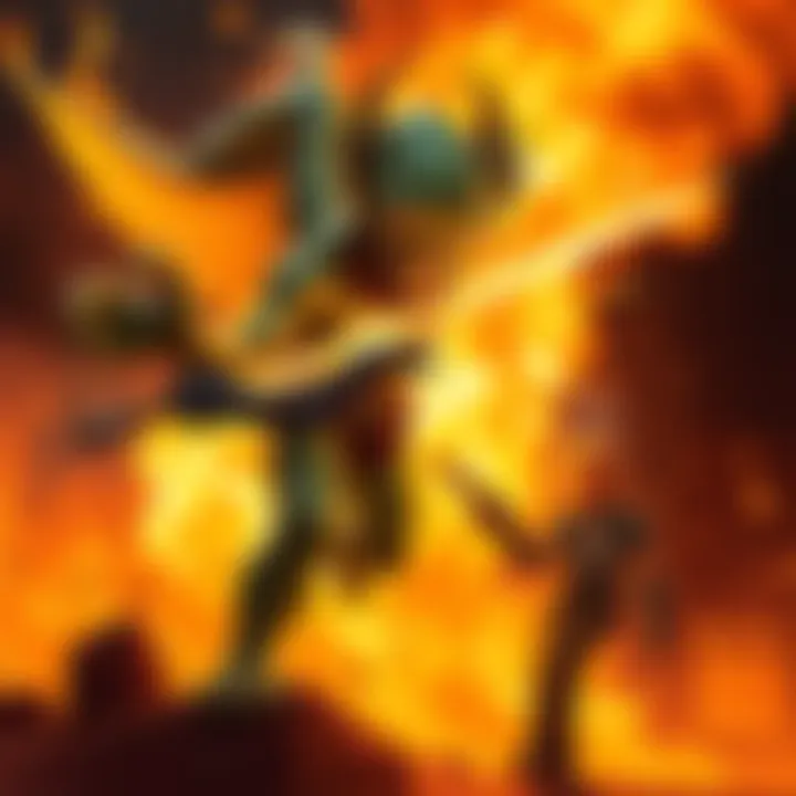 A 1/1 Ghoul dramatically casting Pyroblast on its own hero, creating a fiery explosion in the background.