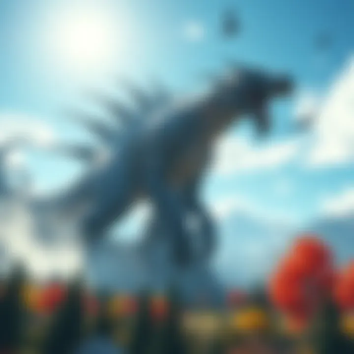 A massive creature towers over a sprawling landscape filled with giant trees and mountains under a bright sky.