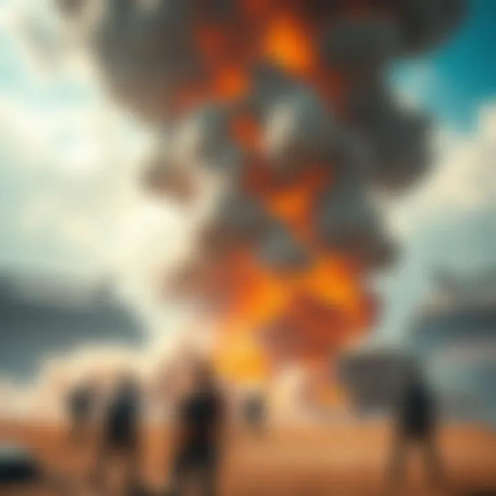 A large cloud of smoke and debris rising from an explosion in a gaming environment, with players watching in amazement.