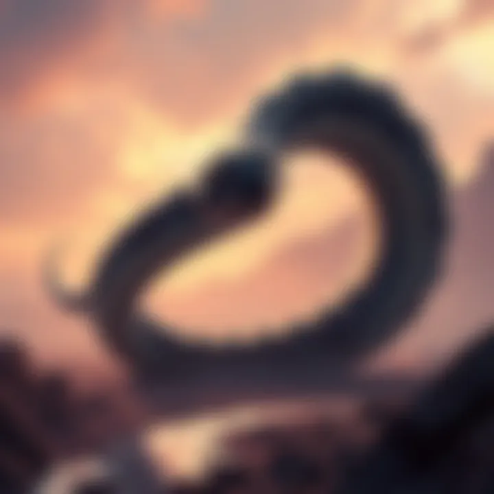 A giant snake slithering through an ancient landscape, reflecting its kaiju-like presence.