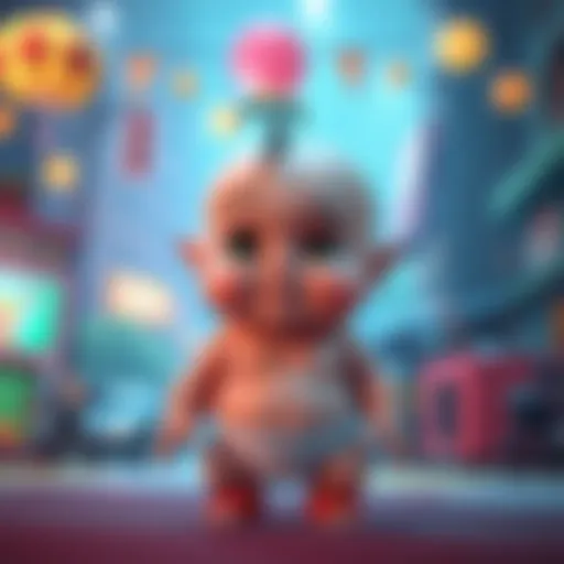 A large baby character with exaggerated features stands in a colorful game setting, showcasing its playful and whimsical design.