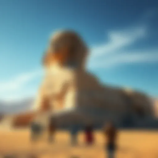 A large, mysterious creature resembling ancient statues like the Sphinx, set against a desert backdrop, with people observing it in awe.