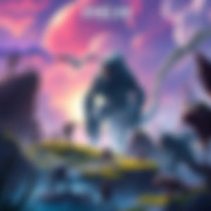An illustration of a giant creature evolving in a vibrant game world with various landscapes and other creatures around it.