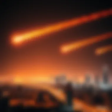 Bright orange fireballs illuminating the dark sky over Dubai skyline