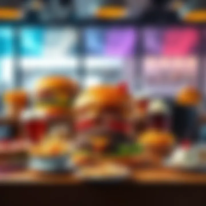 Giant Food Portion on a Table A table filled with oversized food items, showcasing large burgers, drinks, and desserts, highlighting the comedic side of large sizes in food.