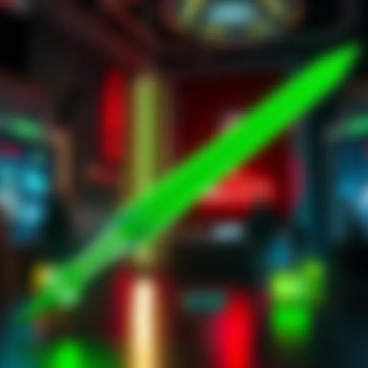 A large green, wobbly sword called the Penetrator, displayed in a gaming environment, with players interacting around it.