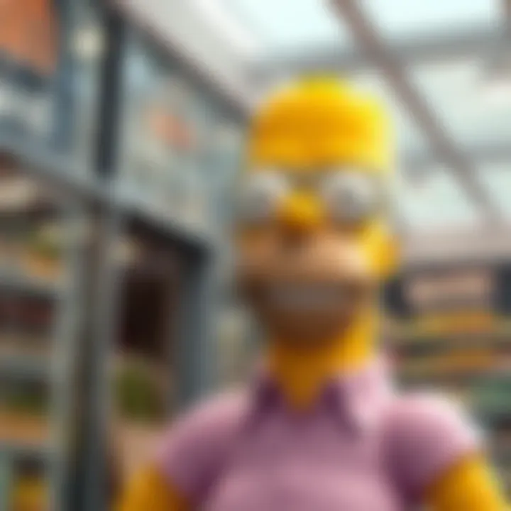 Giant Homer Figure A large, cartoon-style figure of Homer Simpson, smiling and looking cheerful, ready to be displayed in a shop.