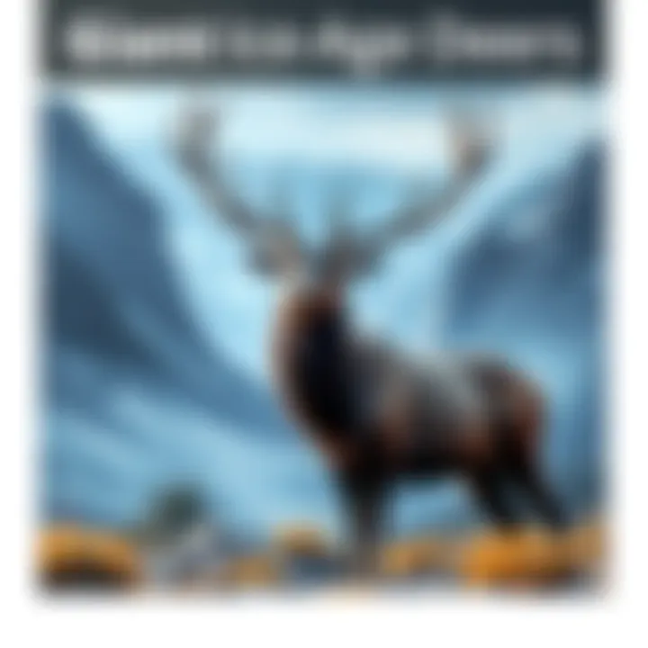 A Megaloceros with large antlers standing in a prehistoric landscape, showcasing its impressive size and stature.