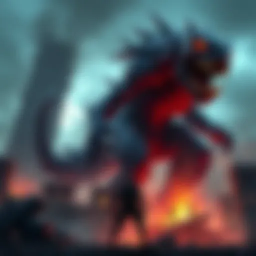 Giant Mutant Monster in Resident Evil 9 A massive, mutated creature towers over a devastated city, poised for battle with a determined hero in the foreground.