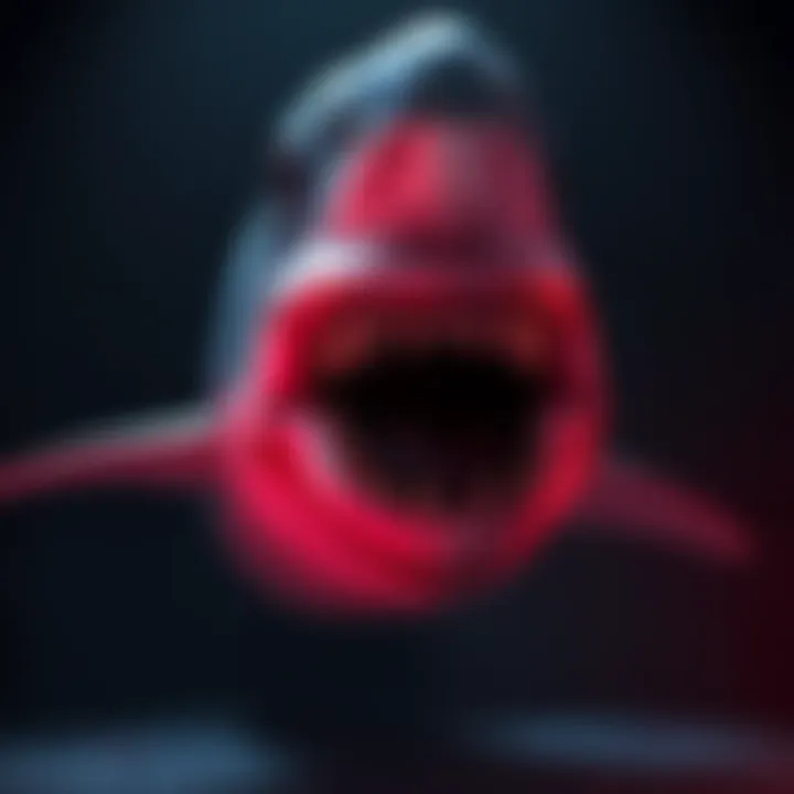 A giant mutated shark from Resident Evil 1, showcasing its exaggerated features and menacing look in a dark environment.