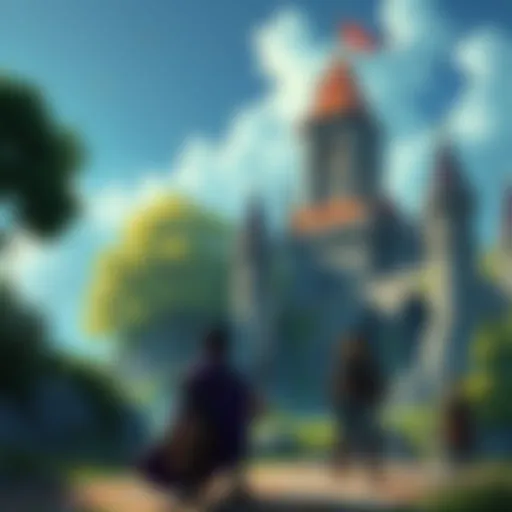 A large, silent NPC seated beside a castle, surrounded by lush greenery and curious Champions ready for battle.