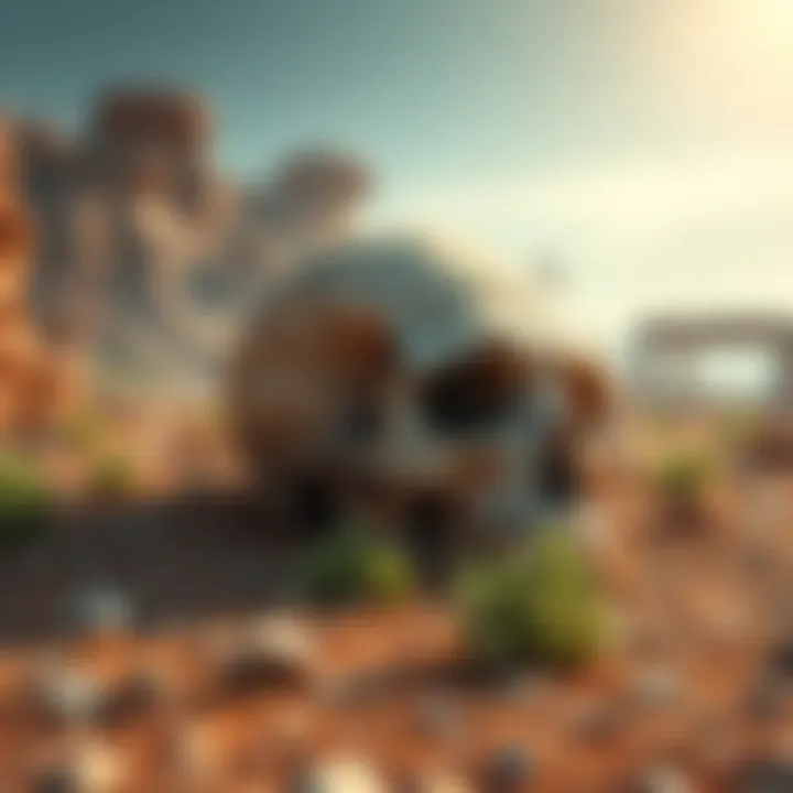 A massive skull partially buried in the ground, surrounded by rocky terrain and vegetation in Caelid.