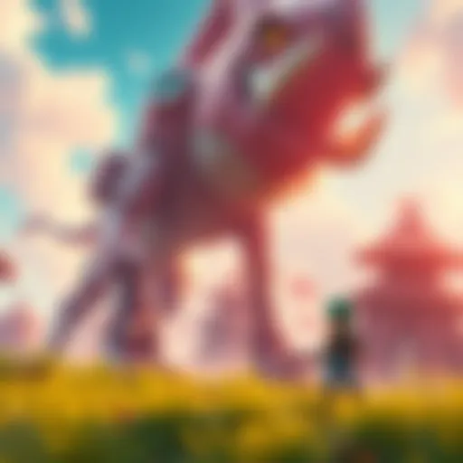 Giant and Tiny Characters in Gaming A giant character towers over a small character in a vibrant game environment, showcasing their size difference amidst a colorful landscape.