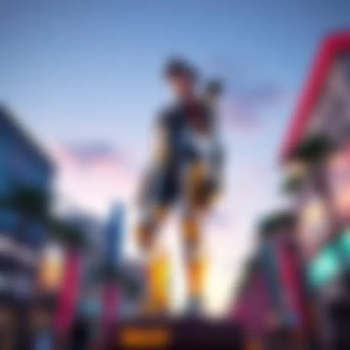 A large 15-foot tall statue of Tracer from Overwatch standing prominently on Hollywood Boulevard