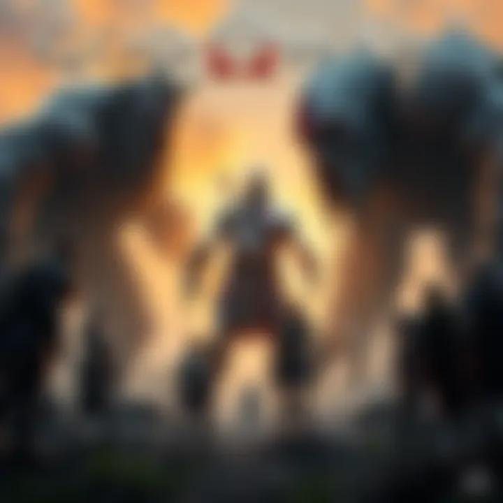 A scene showing various giants from God of War, highlighting size differences among them alongside characters like Atreus and Faye.