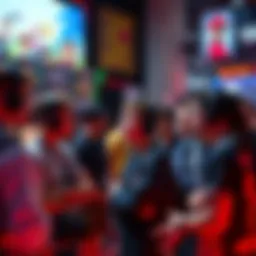 A group of gamers discussing the Gibby movement at a gaming event, with posters and merchandise in the background.