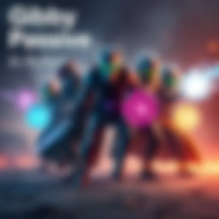 A digital artwork showing different legends in a tactical formation, highlighting Gibby passive abilities with energy shields around them.