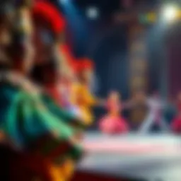 A scene from the Gibby play showing actors in vibrant costumes performing on stage.