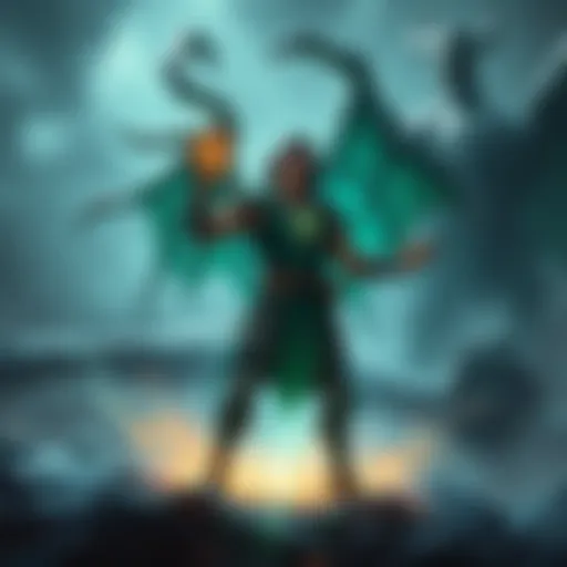 Gideon stands in a mystical setting, absorbing energy from a defeated demigod after a battle, with glowing runes appearing around him.