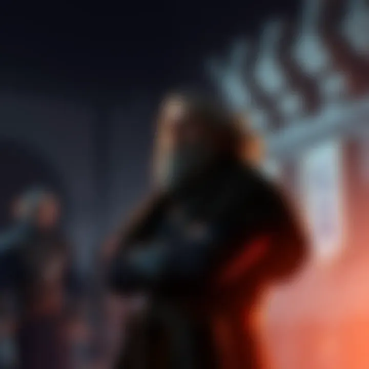 Gideon character standing in a dimly lit setting, looking confused and pondering, with a background showing elements from Elden Ring's world.