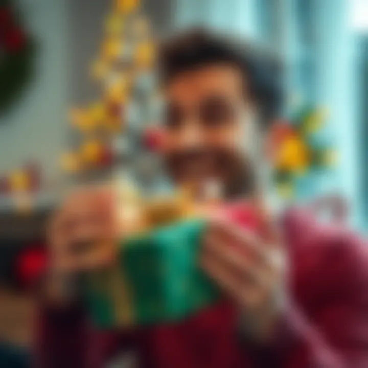 A man smiles as he holds a wrapped Christmas gift, looking surprised and happy.