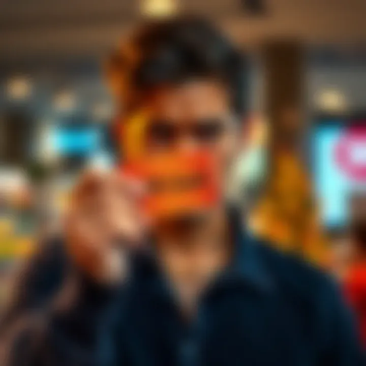 A person looking frustrated while holding a gift card in their hand, showing signs of struggle to use it for shopping