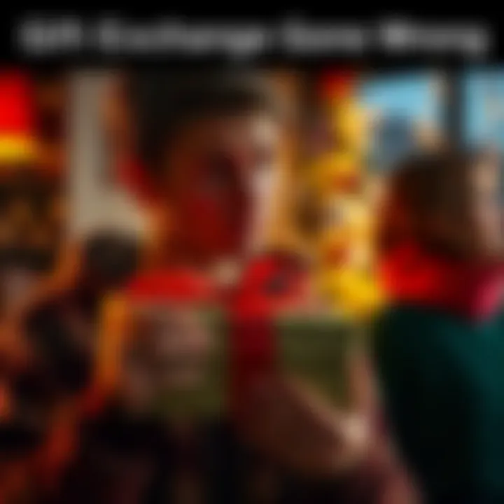 A person looking sad while holding a gift, with another person in the background looking away, symbolizing broken trust after a gift exchange.