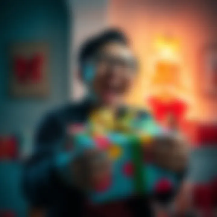 A person smiling widely while unwrapping a colorful gift box, showcasing joy and surprise