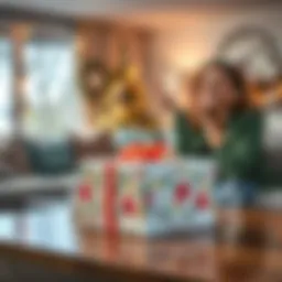 Gifted Housewarming Present A beautifully wrapped gift box with a housewarming theme, placed on a cozy living room table with a happy person smiling nearby, celebrating their first house gift.