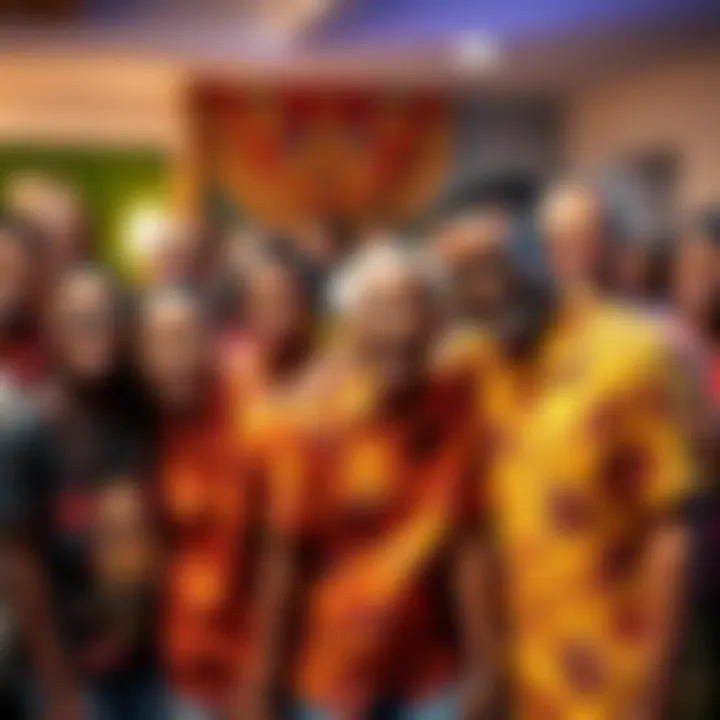 A cheerful group of people wearing colorful shirts gifted by Mr. Fors, smiling and enjoying a community gathering