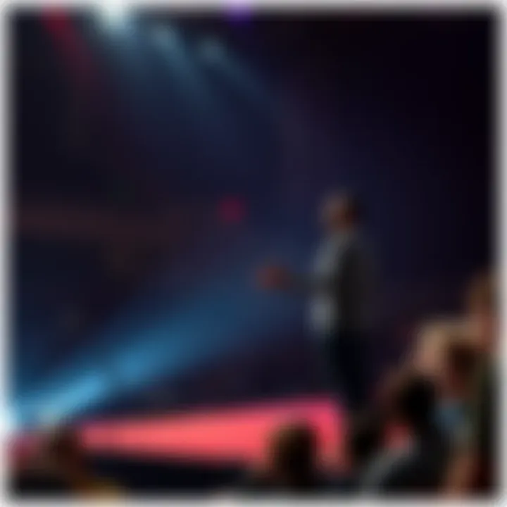 A person standing on a stage, confidently sharing their talents while an audience listens intently.
