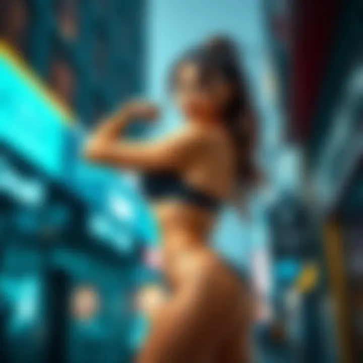 A confident and strong woman with an athletic build, striking a pose that exudes empowerment and allure, surrounded by a vibrant urban backdrop.