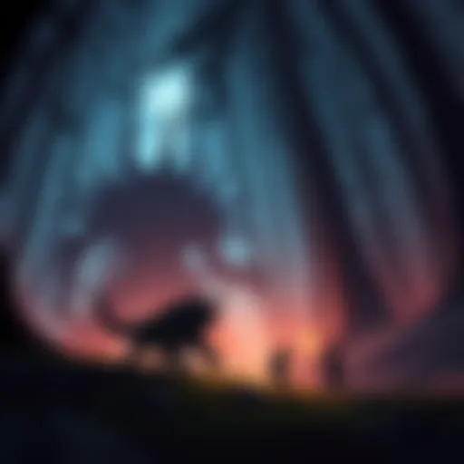 A representation of Gigginox, a shadowy creature, battling in a dense, dark forest with players strategizing in the background.
