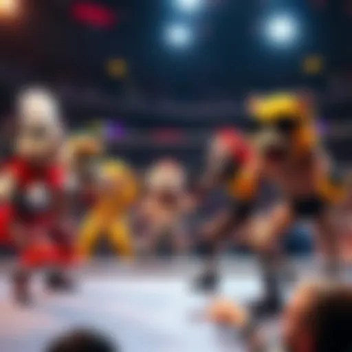 A lively wrestling match with colorful themed characters cheering in a ring