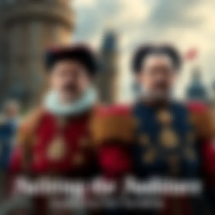 Portraits of Giovanni and Mario Auditore Two noblemen, Giovanni and Mario Auditore, dressed in period clothing showcasing their family crest, standing in front of a historic castle.