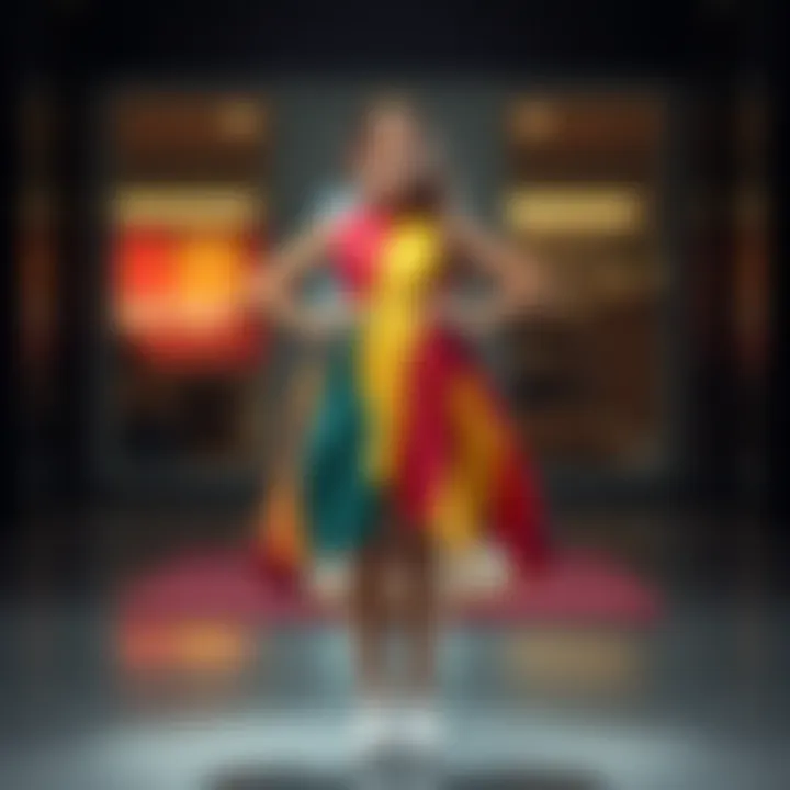 A girl wearing a large, colorful dress that looks much larger than her, standing confidently with hands on her hips.