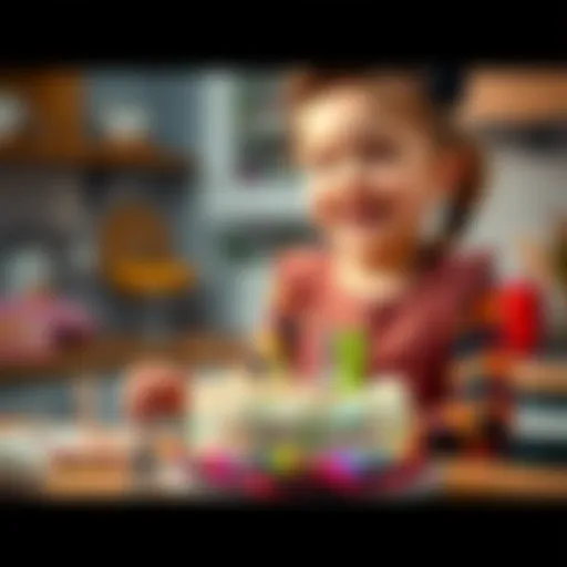 A 13-year-old girl joyfully baking a colorful birthday cake in the kitchen for her father's birthday